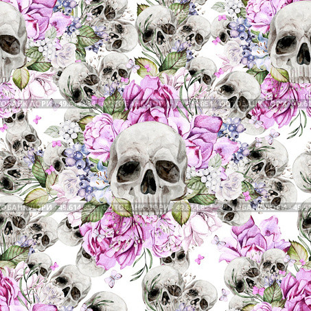 Beautiful watercolor seamless pattern with skull and flowers of peony and roses.  Illustration. Beautiful watercolor seamless pattern with skull and flowers of peony and roses.  . Стоковое фото, агентство Ingram Publishing / Фотобанк Лори