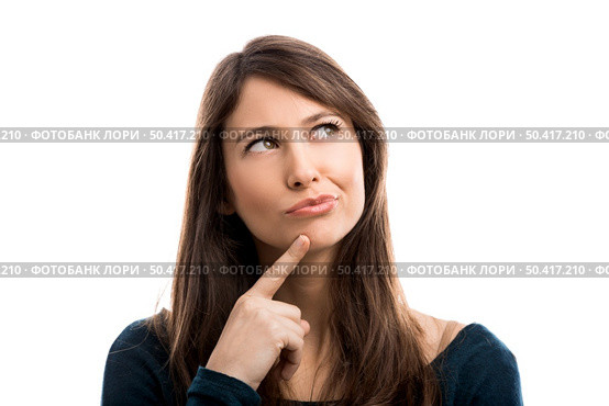 Beautiful woman isolated over a white background thinking on something. Woman thinking. Стоковое фото, агентство Ingram Publishing / Фотобанк Лори