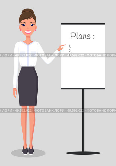 Beautiful young slim businesswoman gives a presentation near a white stand. Lettering "Plan" and the points of the plan. Woman in business clothes. Attractive young woman. Flat image for web. Young arrractive slim Caucasian businesswoman stands near white presentation board. Work plan. Стоковая иллюстрация, агентство Ingram Publishing / Фотобанк Лори