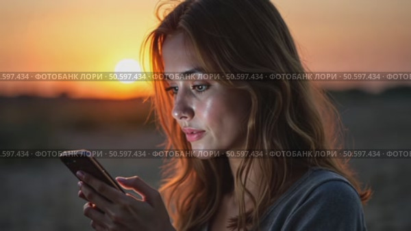 Beautiful young woman use smartphone at night. Millennial generation z female scroll through news feed on app on her phone. Cinematic film look photo of pretty girl. Стоковое AI-видео, аниматор Sergey Grishin / Фотобанк Лори
