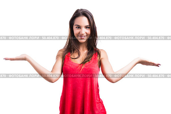 Beautiful young woman with arms open making a scale, isolated over a white background. Стоковое фото, агентство Ingram Publishing / Фотобанк Лори