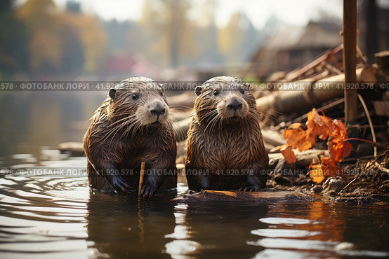 Beavers working on building a dam with found wood on a lake, collect branches near the river, float. Rodentia semiaquatic mammals. Brown short-haired wild animal with large flat tail. Стоковое AI-изображение, AI-художник Ирина Михайличенко / Фотобанк Лори