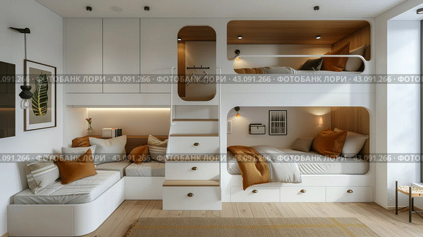 Bedroom With Loft Bed and Stairs. Стоковое AI-изображение, AI-художник Юлия Гапеенко / Фотобанк Лори