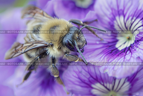 Bee pollinating purple flower in close up. Стоковое AI-изображение, AI-художник Иван Рябоконь / Фотобанк Лори