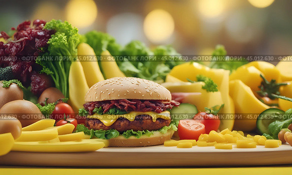 Beef burger topped with cheese, bacon, and fresh vegetables, Стоковое AI-изображение, AI-художник Ирина Старикова / Фотобанк Лори