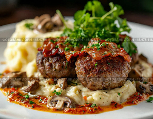 Beef patties with bacon, baked in a creamy mushroom sauce. Enjoy your meal! Стоковое AI-изображение, AI-художник Сергей Елизарьев / Фотобанк Лори