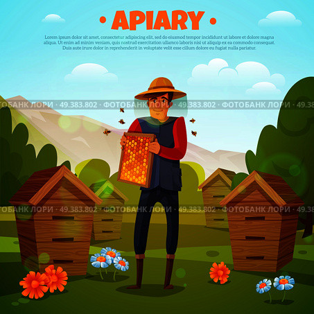Beekeeper in protective hat with honeycombs between flowers and beehives on mountain background cartoon vector illustration. Beekeeper With Honeycombs Cartoon Illustration. Стоковая иллюстрация, агентство Ingram Publishing / Фотобанк Лори