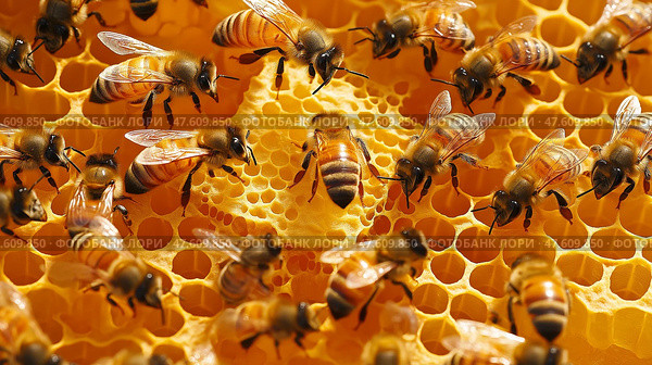 Bees busy collecting nectar and forming honeycomb in a vibrant hive. Пчелы собирают нектар и формируют соты в ярком улье. Стоковое AI-изображение, AI-художник Katsiaryna Repich / Фотобанк Лори