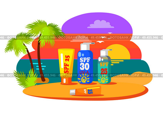 Before and after application promotion. Sunset at beach with tubes of creams and lotions for suntan on sand vector illustration. Suntan Creams with Before and After Application. Стоковая иллюстрация, агентство Ingram Publishing / Фотобанк Лори