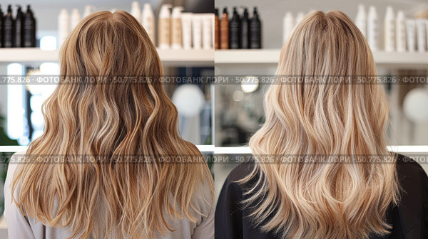 Before and after comparison of wavy hair color transformation in salon, showing change from dark blonde to bright platinum tones with glossy texture. Стоковое AI-изображение, AI-художник Катерина Бондарец / Фотобанк Лори