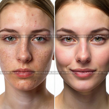 Before And After Emulsion Application Shows Reduced Redness And Acne. Generative AI. Стоковое AI-изображение, AI-художник Roman Zavorotny / Фотобанк Лори