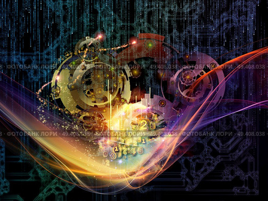 Behind Reality series. Abstract design made of gears, fractal forms, lights and numbers on the subject of reality, philosophy, metaphysics and modern technology. Стоковое фото, агентство Ingram Publishing / Фотобанк Лори