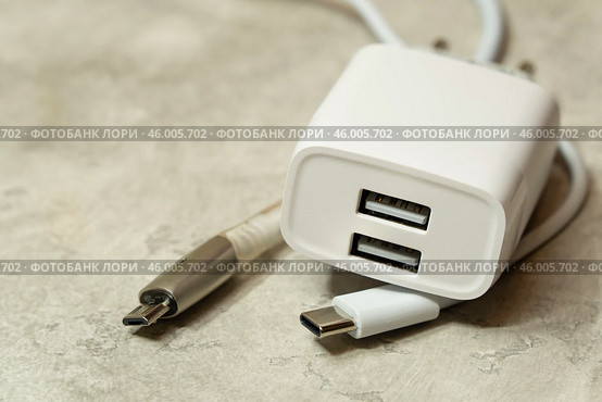 Белый блок питания с двумя портами USB и два кабеля USB-micro и USB Type-C на сером фоне. Адаптер питания, зарядное устройство для бытовой электроники. Редакционное фото, фотограф Sergei Gorin / Фотобанк Лори