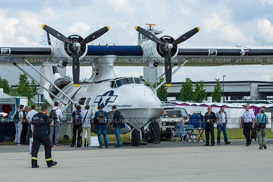 BERLIN, GERMANY - JUNE 02, 2016: Maritime patrol and search-and-rescue seaplane Consolidated PBY Catalina (PBY-5A). Exhibition ILA Berlin Air Show 2016. Редакционное фото, фотограф Sergey Kohl / Фотобанк Лори