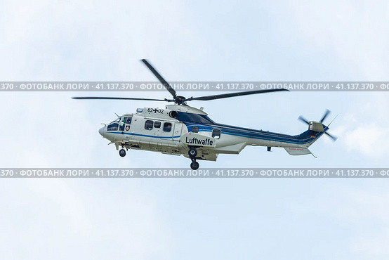 BERLIN, GERMANY - JUNE 02, 2016: Medium utility helicopter Eurocopter AS532U2 „Cougar“. German Air Force (Luftwaffe). Exhibition ILA Berlin Air Show 2016. Редакционное фото, фотограф Sergey Kohl / Фотобанк Лори