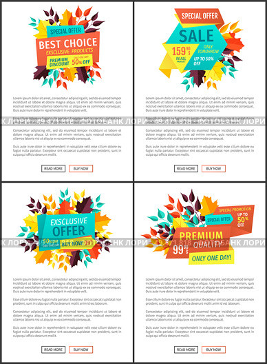 Best choice sale offer set of posters. Promotion retail of natural products seasonal sellout discounts premium quality and exclusive reductions vector. Best Choice Sale Offer Set Vector Illustration. Стоковая иллюстрация, агентство Ingram Publishing / Фотобанк Лори