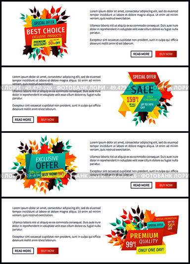 Best choice special autumn offer posters set. Seasonal proposition banners with autumnal leaves. Sales and discounts exclusive promo products vector. Best Choice Special Offer Vector Illustration. Стоковая иллюстрация, агентство Ingram Publishing / Фотобанк Лори