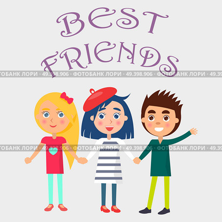 Best friends celebrate international holiday for children. Smiling young kids wishes happy global childrens day vector illustration. Best Friends Celebrate Holiday for Children Vector. Стоковая иллюстрация, агентство Ingram Publishing / Фотобанк Лори