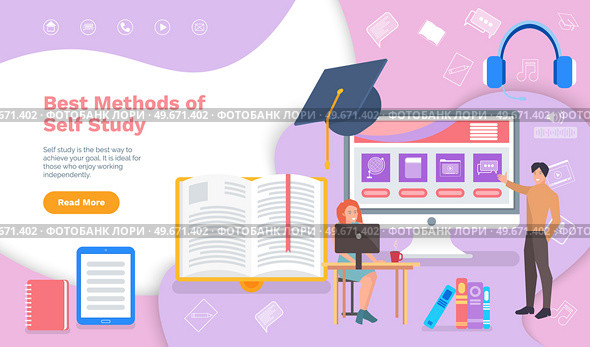 Best methods of self study, online education website lading page template. Home assignment, screen of home tasks, smartphone earphones. People working with online courses program for learning. People working with online courses program for learning. Best methods of self study website. Стоковая иллюстрация, агентство Ingram Publishing / Фотобанк Лори