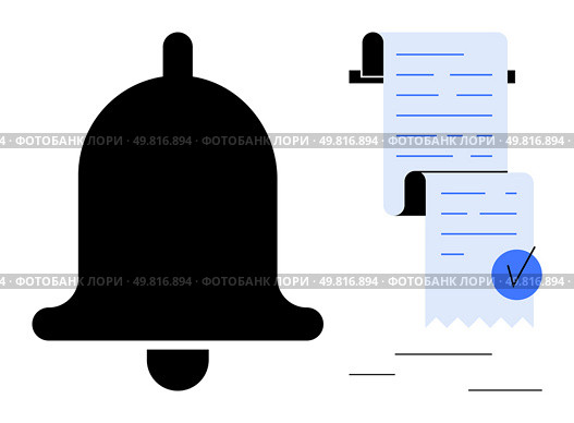 Big black notification bell and two lined documents with blue checkmark on right. Ideal for productivity, task management, reminders, scheduling, organization. Clean and modern design style. Notification Bell and To-Do List with Checkmark Highlights Task Management Concept. Стоковая иллюстрация, агентство Ingram Publishing / Фотобанк Лори