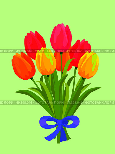 Big bouquet of colorful tulips. Yellow, orange, red and pink tulips bounded with blue ribbon flat vector. Spring flowers illustration with scented posy for romantic gift concepts, greeting cards. Bouquet of Colorful Tulips Bound with Blue Ribbon. Стоковая иллюстрация, агентство Ingram Publishing / Фотобанк Лори
