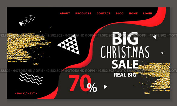 Big Christmas sale, 70 percent discounts and offerings from shops and stores. Holidays lowering of price, winter inexpensive goods. Website or webpage template, landing page, vector in flat style. Big Christmas Sale 70 Percent Off Price Website. Стоковая иллюстрация, агентство Ingram Publishing / Фотобанк Лори