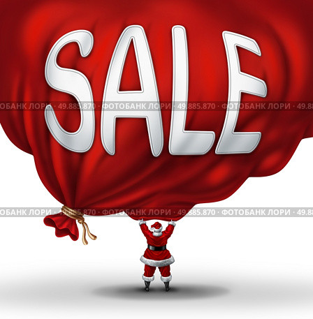Big Christmas Sale symbol and holiday discounts icon as Santaclause lifting up a huge red gift bag with text on the promotional object as a concept for special winter season specials at retail stores. Стоковое фото, агентство Ingram Publishing / Фотобанк Лори