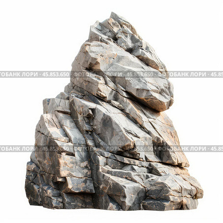 Big grey rock formation isolated on white background. Стоковое AI-изображение, AI-художник Иван Рябоконь / Фотобанк Лори