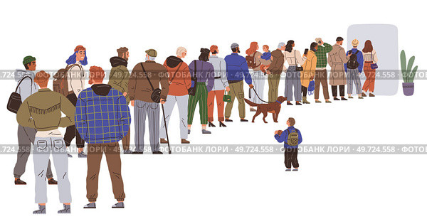 Big queue. Many multitude people. Vector illustration. The crowd was orderly, with everyone queuing in organized manner As queue moved forward, crowd people shuffled along People in queue chatted. Big queue. The queue group stood at back, patiently waiting for their turn The crowd was orderly, with everyone queuing. Стоковая иллюстрация, агентство Ingram Publishing / Фотобанк Лори