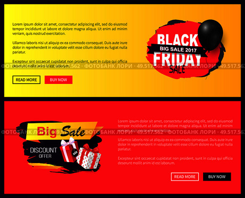 Big sale on Black Friday, promo labels with balloon and gifts vector on online sites templates. Tags or advertising badges with info about price reduction. Big Sale on Black Friday Promo Labels with Balloon. Стоковая иллюстрация, агентство Ingram Publishing / Фотобанк Лори