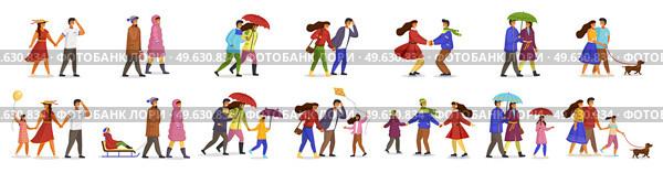 Big set of people. Married couple, men, women, children, pets. People dressed for year season. Seasons changing. Engaged in different activities. Family couples with umbrellas, sledges, dogs. People walk with umbrellas, children, sledges, dogs, ride on ice, enjoy the heat. Family walks. Стоковая иллюстрация, агентство Ingram Publishing / Фотобанк Лори