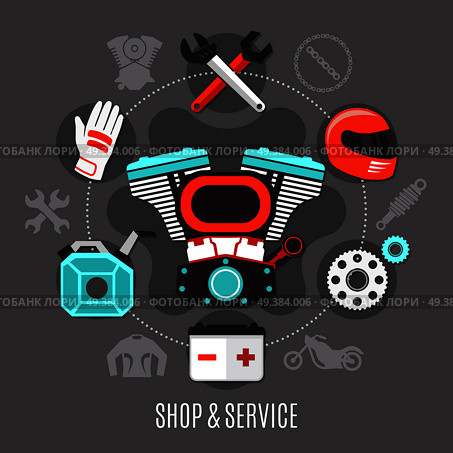Bike shop and service design concept with accumulator transmission engine wrench biker gear decorative icons flat vector illustration . Bike Shop And Service Illustration . Стоковая иллюстрация, агентство Ingram Publishing / Фотобанк Лори
