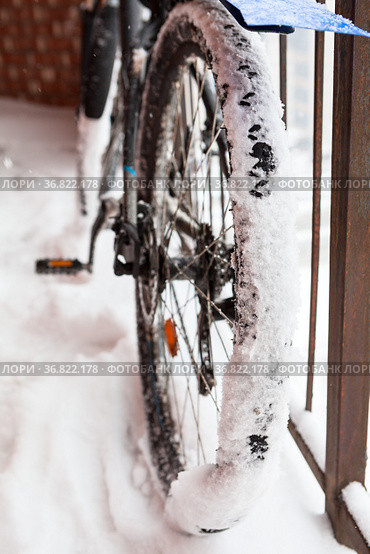Bike with adhered snow on wheels at winter season, close up view. Стоковое фото, фотограф Кекяляйнен Андрей / Фотобанк Лори
