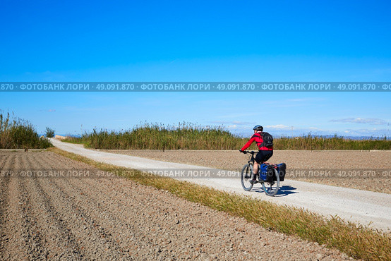 Biker MTB cycle tourism with panniers in Albufera of valencia spain. Стоковое фото, агентство Ingram Publishing / Фотобанк Лори