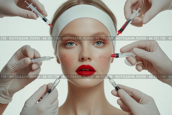 Biorevitalization. Beautiful woman getting beauty injections with hyaluronic acid for smoothing of face mimic wrinkles. Anti-aging procedure. Стоковое фото, фотограф Ирина Ручушкина / Фотобанк Лори