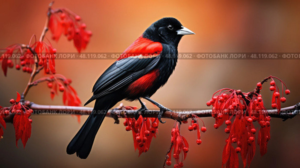 bird black birds with red wings. Стоковое AI-изображение, AI-художник Vectorwin / Фотобанк Лори