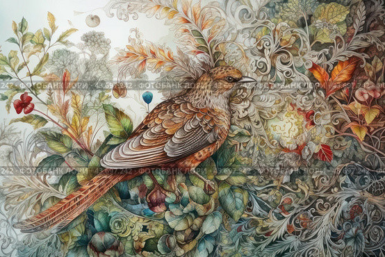 Bird sitting among richly decorated leaves and flowers. The bird's feathers are detailed using shades of brown, orange and gray, creating a sense of living texture. The background consists of intricate drawings of plants, intertwined lines and various natural elements, which creates the effect of a complex ornament. The painting conveys a sense of harmony between nature and artificiality, emphasizing the grace and beauty of flora and fauna. Стоковое AI-изображение, AI-художник Анна Кривицкая / Фотобанк Лори