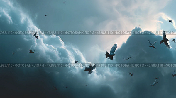 Birds gracefully soar through a dramatic sky filled with dark clouds during dusk hours. Стоковое AI-изображение, AI-художник Сергей Толмачёв / Фотобанк Лори