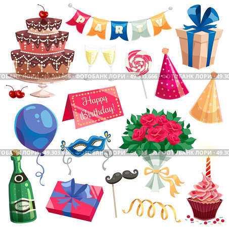 Birthday Party Set. Birthday party decorative icons set of multilevel cake champagne bottle wine glasses candles gift box  flat vector illustration . Стоковая иллюстрация, агентство Ingram Publishing / Фотобанк Лори