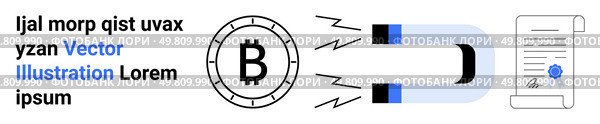 Bitcoin symbol inside a coin, magnet attracting, contractual document. Ideal for cryptocurrency, digital currency, blockchain technology, financial agreements, investment attraction, online. Cryptocurrency Attraction Concept with Bitcoin, Magnet, and Agreement Scroll Illustration. Стоковая иллюстрация, агентство Ingram Publishing / Фотобанк Лори