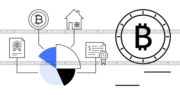 Bitcoin symbols linked to documents, house, and pie chart Bitcoin coin icon on the side. Ideal for cryptocurrency, blockchain, finance, investment, real estate, data analysis, tech startups. Line. Bitcoin Transactions and Financial Data Analysis with Certificates, House, and Pie Chart. Стоковая иллюстрация, агентство Ingram Publishing / Фотобанк Лори