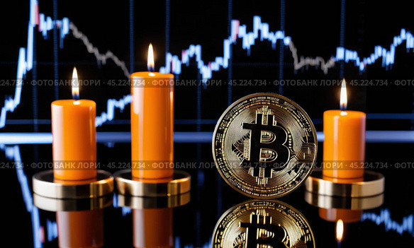 Bitcoin to the moon, bullish BTC, investment in BTC cryptocurrency increases high value, abstract, gold medal floating, candlestick graphs and bright green arrows on the back, AI. Стоковое AI-изображение, AI-художник Sergey Grishin / Фотобанк Лори