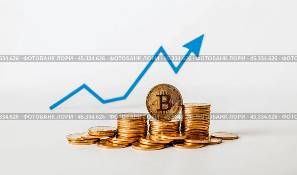 Bitcoin Value Rising, Cryptocurrency Growth, Stack Coins, Upward Trend Arrow, Increase Wealth, Investment Digital Currency, Market Bullish Trend, Financial Success Concept. Стоковое AI-изображение, AI-художник Павел Муравьев / Фотобанк Лори