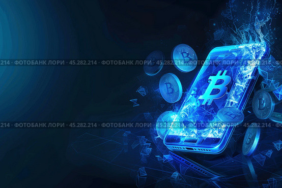 Биткоины вылетающие из смартфона. Стоковое AI-изображение, AI-художник Александр Жуков / Фотобанк Лори