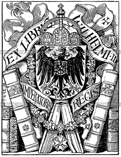 Black and white bookplate design for Kaiser Wilhelm II, vintage historicist book illustration from Berlin. Publication of the "Meyers encyclopedia", Vol. 6, Leipzig, Germany, 1910. Стоковая иллюстрация, иллюстратор Sergey Kohl / Фотобанк Лори