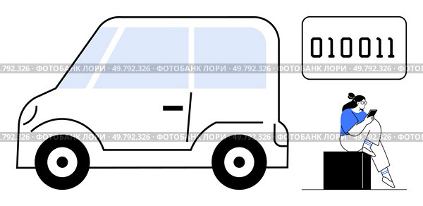 Black and white car beside casually dressed woman using a tablet. Binary code in the background. Ideal for technology, digitalization, automation, modern lifestyle, transportation, coding, mobility. Woman Using Tablet beside a Simplistic Car Illustration with Binary Code in Background. Стоковая иллюстрация, агентство Ingram Publishing / Фотобанк Лори