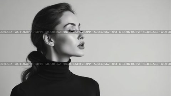 Black and white fashion art studio portrait of beautiful elegant woman in black turtleneck. Hair high beam, perfect profile face. Elegant beauty style. Стоковое AI-видео, аниматор Sergey Grishin / Фотобанк Лори