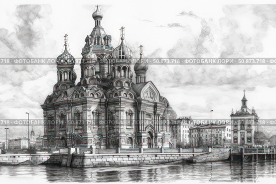Black and white graphic drawing of an Orthodox church on the river bank, made in pencil realism technique. Elegant detailing of domes, architectural ornaments and perspective composition gives the work depth and grandeur. The view of the cathedral is reminiscent of St. Petersburg or Yaroslavl, combining features of Old Russian and Neo-Byzantine architecture. Ideal for themes about Russia, culture, architecture, heritage and religion. Стоковое AI-изображение, AI-художник Анна Кривицкая / Фотобанк Лори