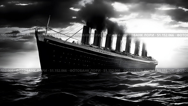 Black and white illustration of a cruise ship in the ocean at sunset. Стоковое AI-изображение, AI-художник Дмитрий Нечаев / Фотобанк Лори