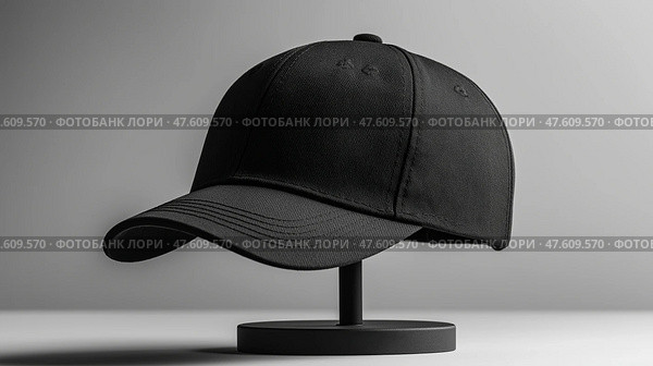 Black cap mockup displayed on a minimalistic stand in a modern setting. Черная крышка на минималистичной подставке в современном стиле. Стоковое AI-изображение, AI-художник Katsiaryna Repich / Фотобанк Лори